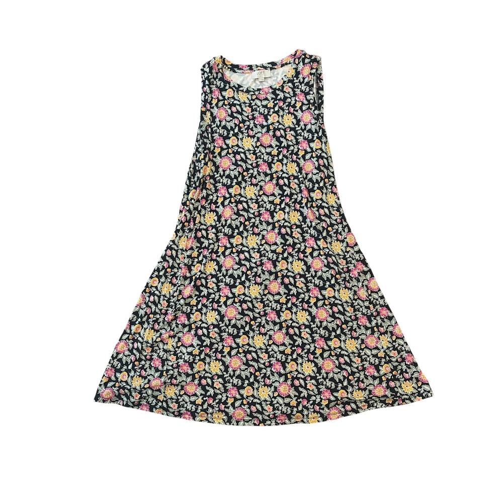 LOFT Floral Sleeveless A-Line Dress in Black with Pink & Yellow Flowers SZ LP
